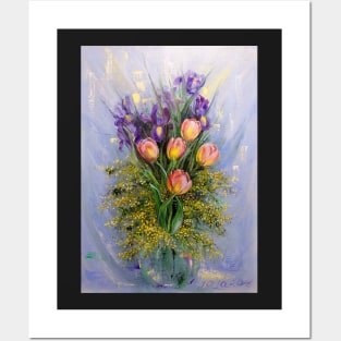 The Gift from Ariel. Irises, Tulips and Mimosa. Posters and Art